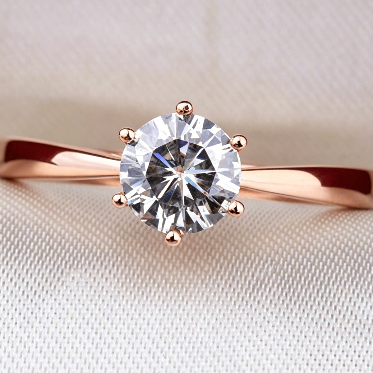 Stylish Moissanite Six-Clawed Rose Golden Ring in 925 Silver